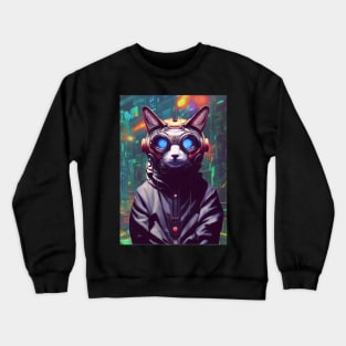 Cool Japanese Techno Cat In Japan Neon City Crewneck Sweatshirt